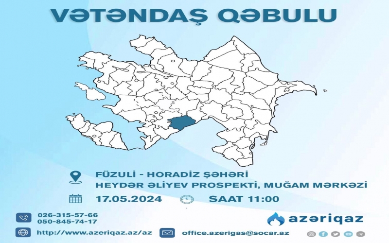"Azəriqaz" İB rəhbərliyi növbəti vətəndaş qəbulu keçirəcək 
